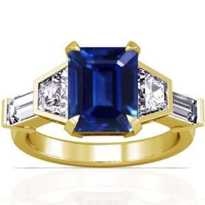 14K Yellow Gold Emerald Cut Blue Sapphire Ring With Sidestones (GIA 