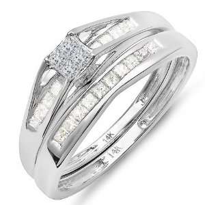 14k White Gold Princess Diamond Ladies Bridal Ring Engagement Matching 