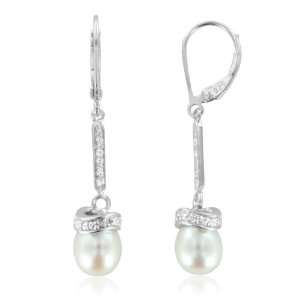  Diamond and White Pearl Drop Earrings in Sterling Silver 