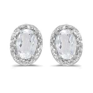  Oval White Topaz and Diamond Stud Earrings 14k White Gold 