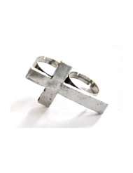  silver tone cross double finger ring Adjustable kitsch art deco