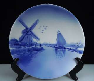 Antique German Delft Plate   Windmill & Sailboat Scene  