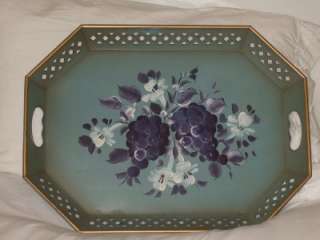 TOLEWARE*TABLE*DISPLAY*ANTIQUE*BLUE FLORAL PIERCED HANDLES Tole Tray 