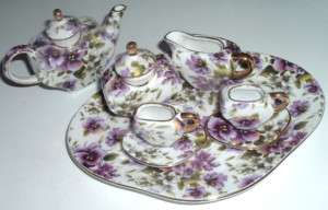 CHILDS PORCELAIN PANSY & GOLD 10 PIECE TEA SET ON TRAY  