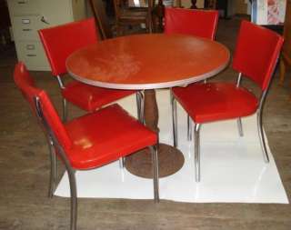Antique Ice Cream Parlor Table & Four 1950s Chrome Chairs, Retro Red 