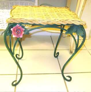   Scrolled GREEN TOLE w TOLE PINK ROSES Side/Accent or Patio Table~EXCL