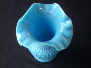   French Blue Milk Glass Vase  Leaves/Greek Key  Portieux/Vallerysthal