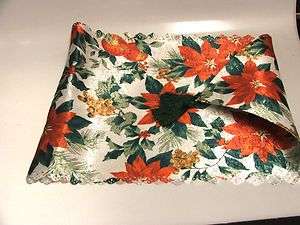 VERY NICE POLYESTER POINSETTIA MOTIF TABLE RUNNER WITH TASSLES  