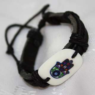 Handmade Black Leather Wristband Bracelet with Hamsa Evil Eye Amulet