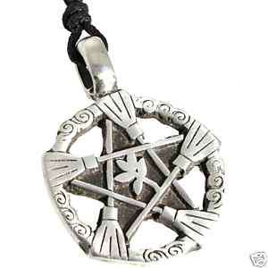 30A PEWTER Witch Broom PENTAGRAM Wicca Pagan PENDANT  