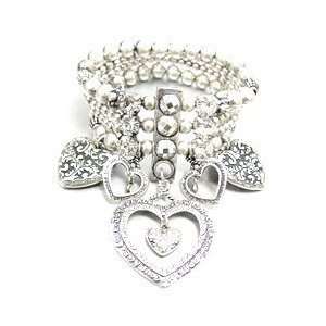    Beautiful Three Row Beaded Metal Heart Charm Bracelet Jewelry