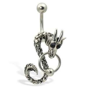  Belly button ring with dragon and captive bead ring, black 