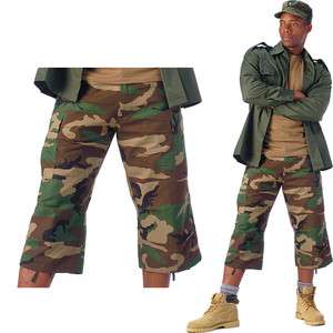 Woodland Camouflage Mens Capri Pants 6 Pocket Cargo Shorts  