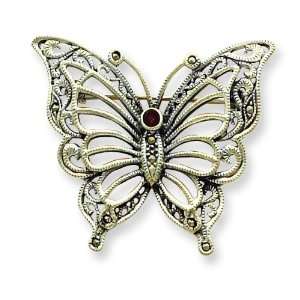  Sterling Silver Marcasite Red Cz Butterfly Pin Jewelry