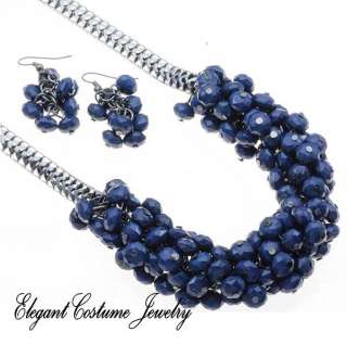   Blue Berry Cluster Chunky Necklace Set Elegant Costume Jewelry  