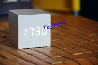 White LED White Wood Mini Cube USB Digital Alarm Clock  