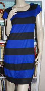   Royal Blue Black Rugby Striped Knit Dress Silk Cotton I.N.C. M  