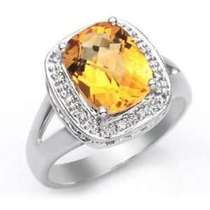    18k White Gold Cushion Cut Citrine and Diamond Ring Size 7 Jewelry