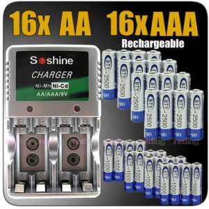 16x AA +16 AAA NIMH Rechargeable Battery + Wall CHARGER  