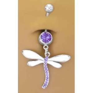   Purple SS Dragonfly Dangle Belly button Navel Ring 14 gauge Jewelry