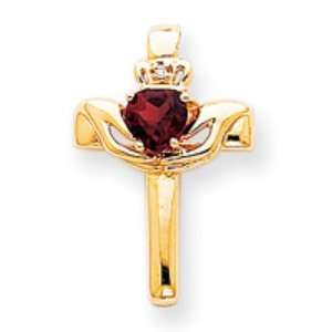    14k Gold Garnet & AA Diamond Claddagh Cross Pendant Jewelry