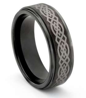   Ladies Black Wedding Band Ring w/ Laser Engraved Celtic Design  