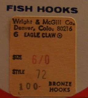 EAGLE CLAW FISH HOOKS 6/0 BRONZE HOOKS NEW IN BOX.  