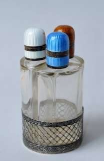   Silver and Guilloche Enamel Lids Triple Perfume Flasks Set 1900  