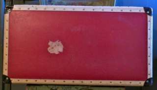   CHERRY RED PAPER on WOOD DOLL STEAMER TRUNK 1950s LEATHER HANDLE