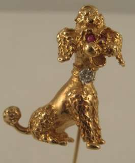 Estate Poodle Dog Diamond Ruby Eye 14k Yellow Gold Pin Brooch  