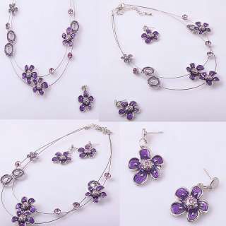 Pink Ladys Rhinestone Flowers Necklace Earrings Sets NC13  