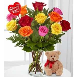   Day Rose Flower Bouquet With Bear   12 Stems   Vase Included