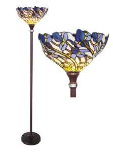 BLUE IRUS TORCHIERE FLOOR LAMP STAINED GLASS SHADE  