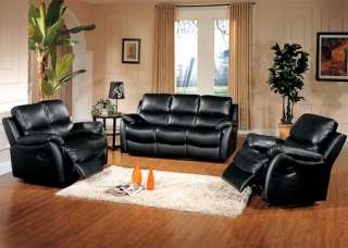 Casual Black Real Leather Sofa Loveseat Recliners 2 Pc Living Room Set 
