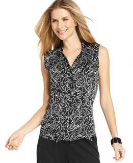 Tahari by ASL Top, Sleeveless Printed Tie Neck Button Front Shirt 