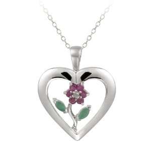  Silver Heart with Diamond Accent, Ruby and Emerald Flower Center 