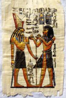 New Egyptian Papyrus Painting With Seti Offering to God Horus Pharaoh 