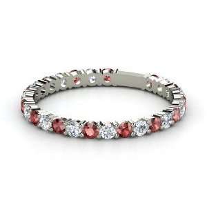 Rich & Thin Band, 14K White Gold Ring with Red Garnet & Diamond