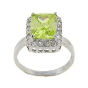   Sterling Silver Big Square Green Stone Solitaire Ring Size #7 Jewelry