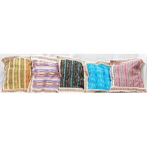  Lot of Five Cushion Covers from Hyderabad with Ikat Weave 