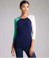 Minnie Rose navy cashmere colorblock raglan sweater style# 320047601