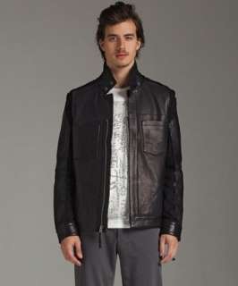 Edun black leather knit detail biker jacket  