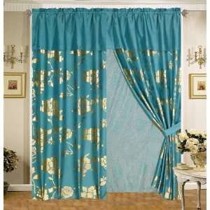  Teal Floral Metallic Curtain Set w/ Valance/Sheer
