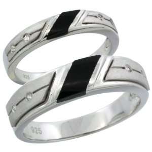   mm Black Onyx Wedding Ring Set CZ Stones Rhodium Finish, Ladies Size 9