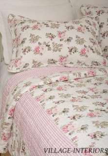 MICHELLE CHIC SHABBY ROSE PINK TICKING QUEEN QUILT SET  