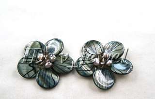 Zebra shell onyx pearl flower necklace/earring set VJ  