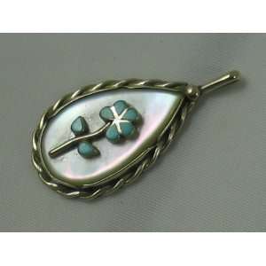  Silver, Mother of Pearl, Turquoise Pendant Necklace 