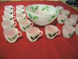   pc Older Federal Frosted Satin Glass Punch Bowl Set Holly Leaves Motif