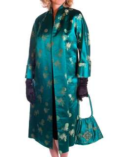 Vintage Coat & Bag Turquoise/Yellow Vintage Silk Satin Damask 1950S M 