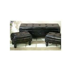  Wood and Leather 3 Piece Bench and Ottomans Set